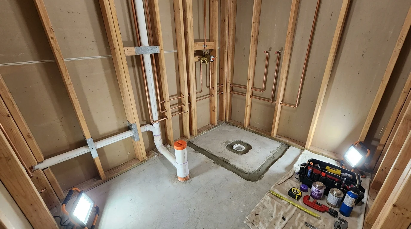 Bathroom rough-in plumbing during remodel by Johns Plumbing LLC in Bloomington