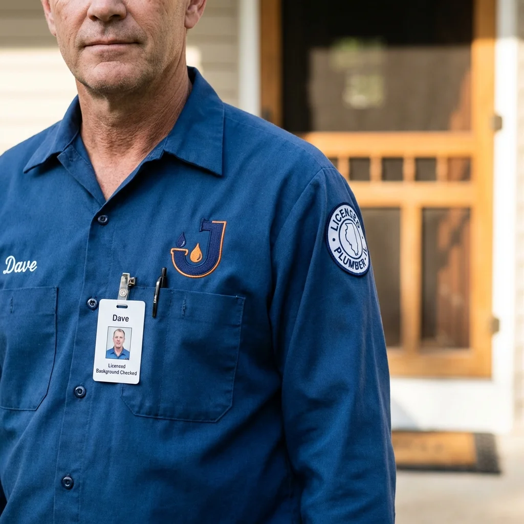 Licensed plumber showing ID badge in Bloomington, IN