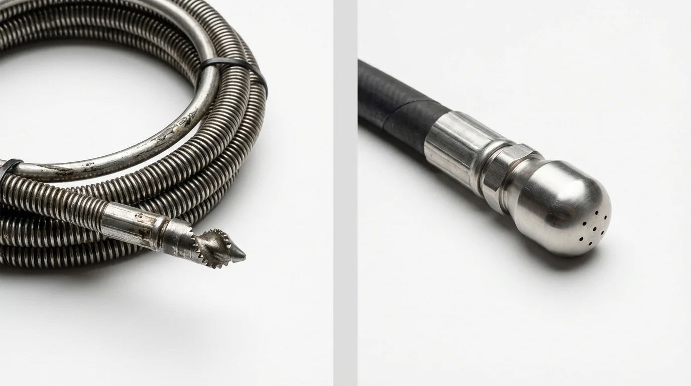 Drain snake cable and hydro jetting nozzle used for drain cleaning in Bloomington, IN