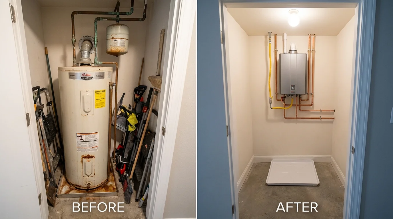 Tank water heater versus wall-mounted tankless unit comparison for Bloomington, IN homeowners