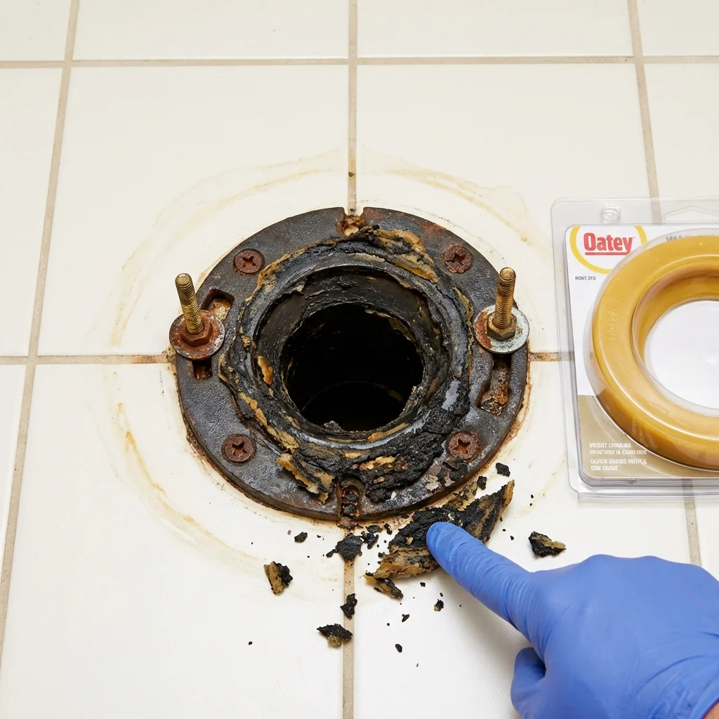 Failed wax ring showing water seepage at the base of a toilet in a Bloomington, IN home