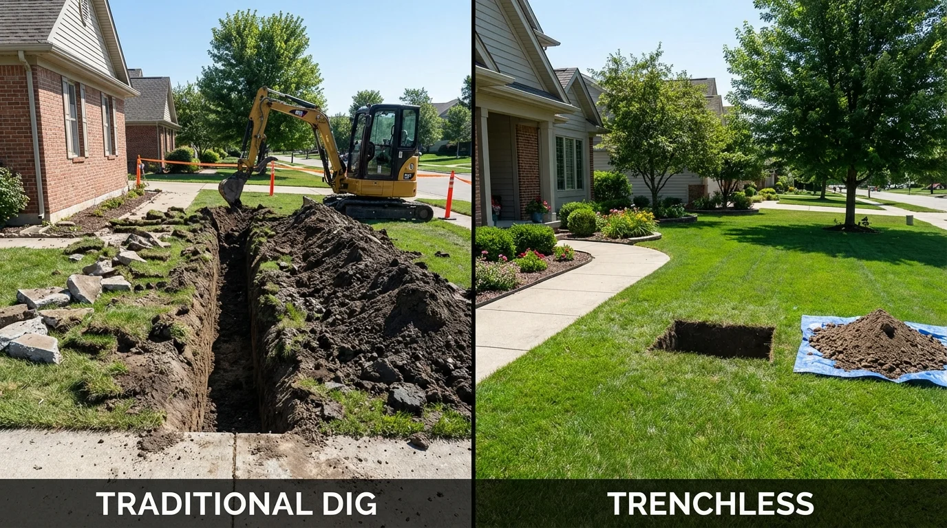 Trenchless sewer repair with minimal yard damage versus traditional excavation in Bloomington, IN